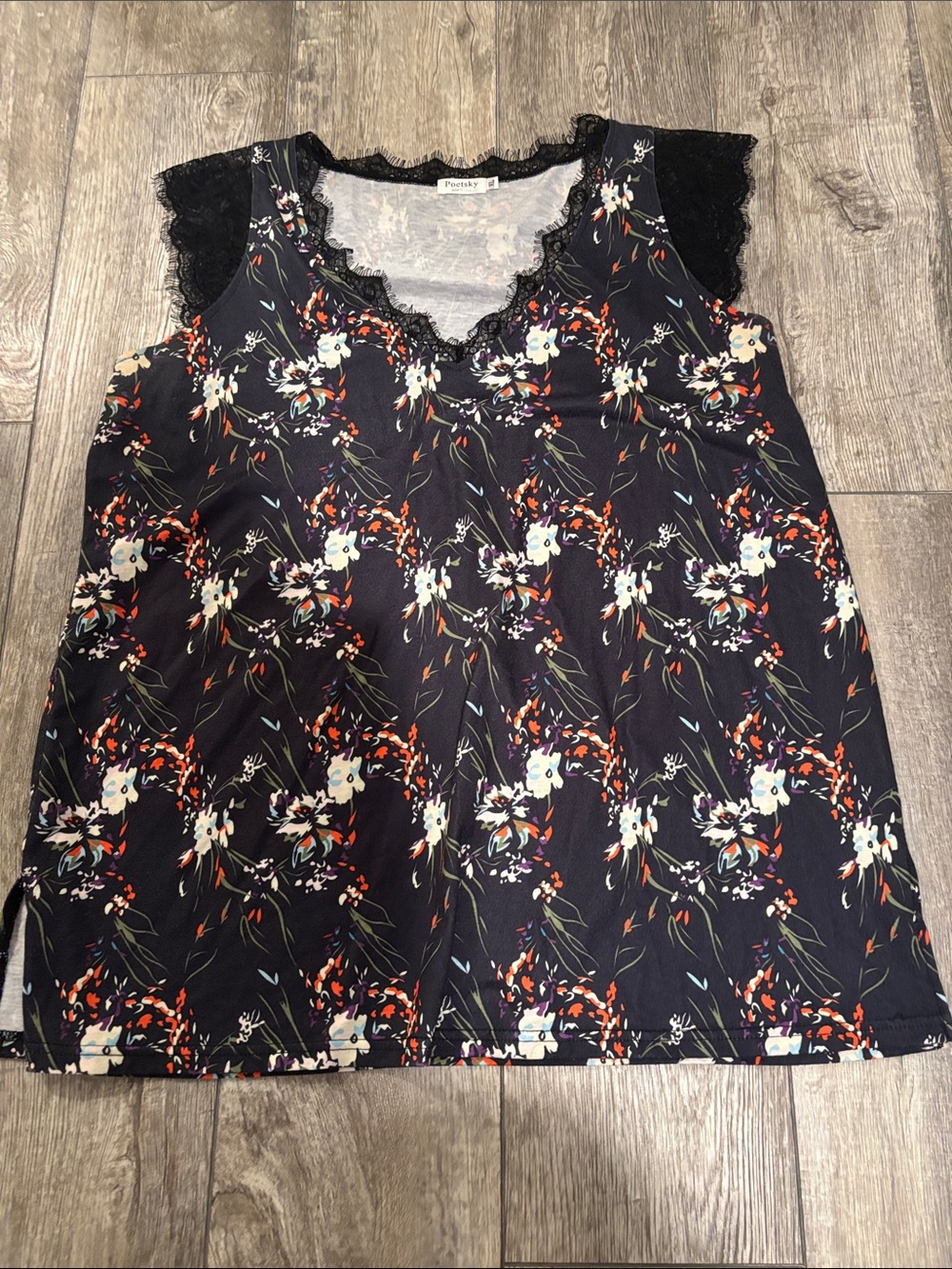 Black Floral Lace-Trim Women’s Sleeveless Top- XL